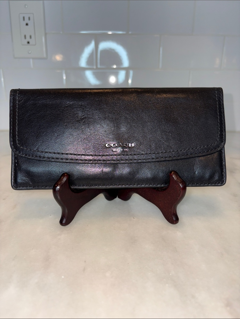 COACH Black Smooth Leather Soft Envelope Wallet | Slim Flap Long Wallet Back Zip